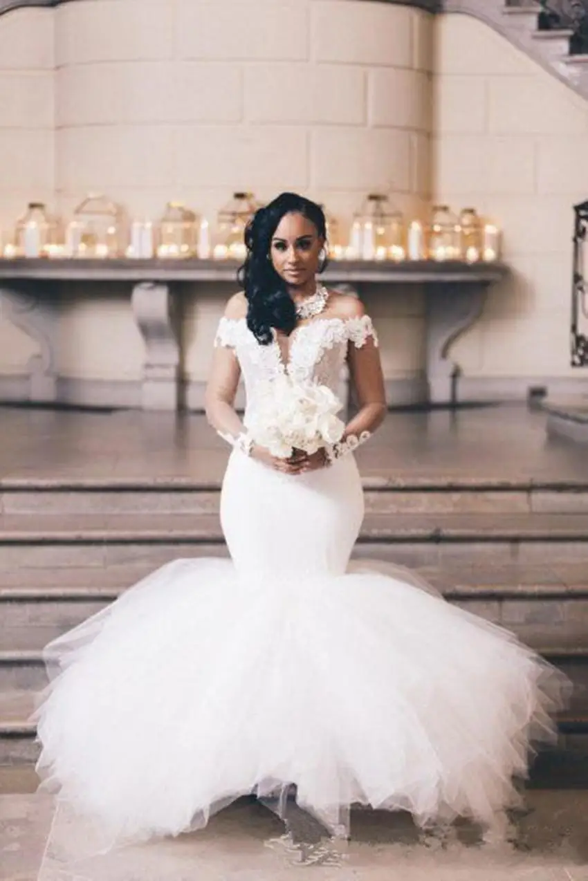 Robes de mariée sirène avec appliques et perles, épaules dénudées, robes de mariée longues en tulle au sol, robe sexy pour patients, Dubaï