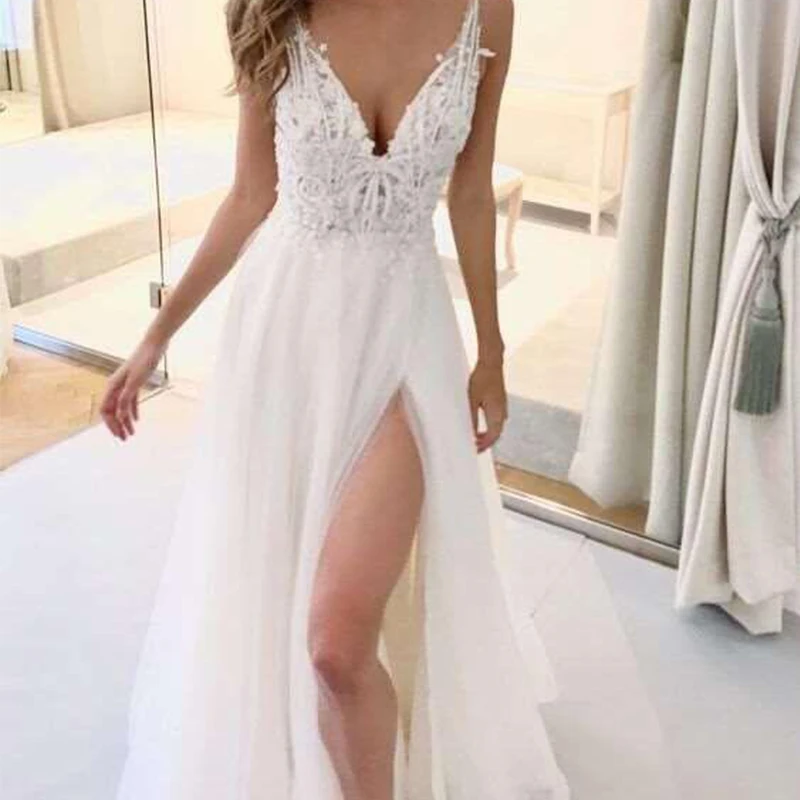 Side Opening Sexy Deep V Embroidery Applique Mopping Floor Bridal Dress Chiffon Wedding Dress Customizable Color