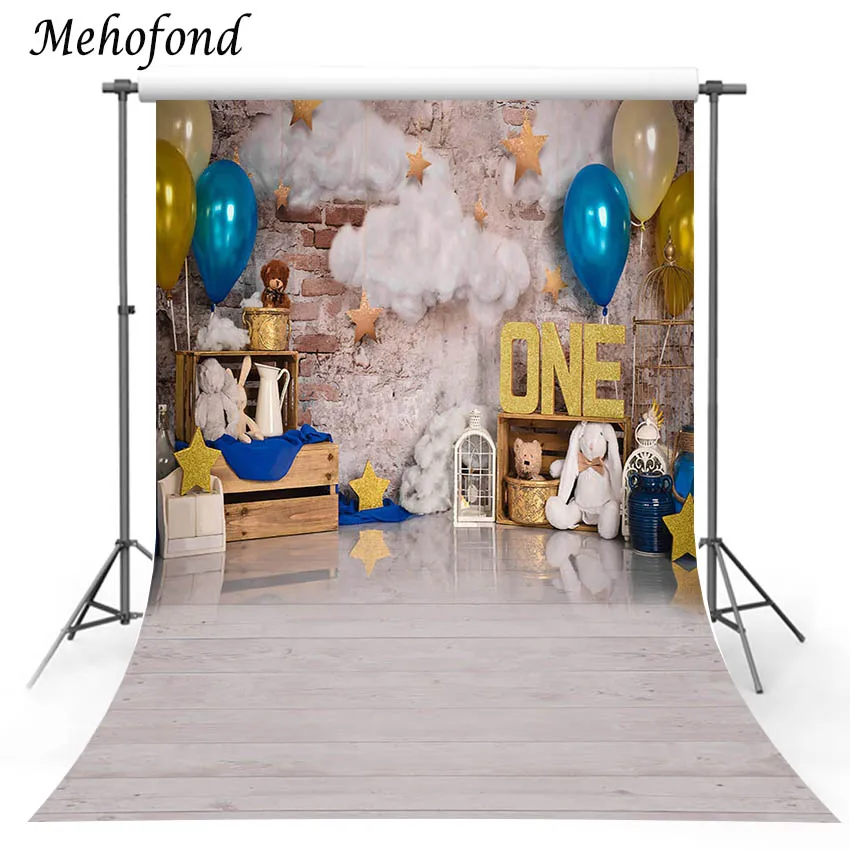 

Mehofond Boy 1st Birthday Cake Smash Backdrop For Photography Brick Wall Balloon Clouds Star Toy Background Photo Shoot Studio