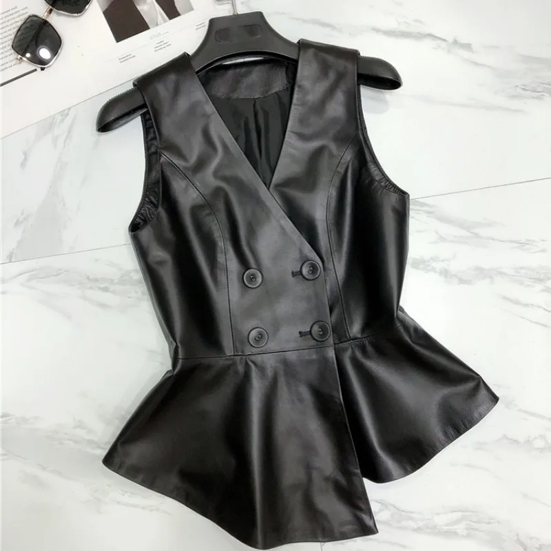 Designer OL 100% Genuine Leather Vest Women Slim Double Breasted Short Waistcoat V-Neck Party Lady Sheepskin Sleeveless Jacket