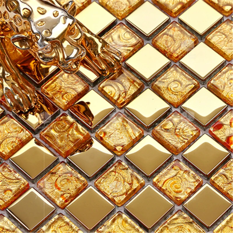 

European Style electroplated Gold Crystal Glass Mosaic Tiles, living room golden KTV Mosaic wall background tile