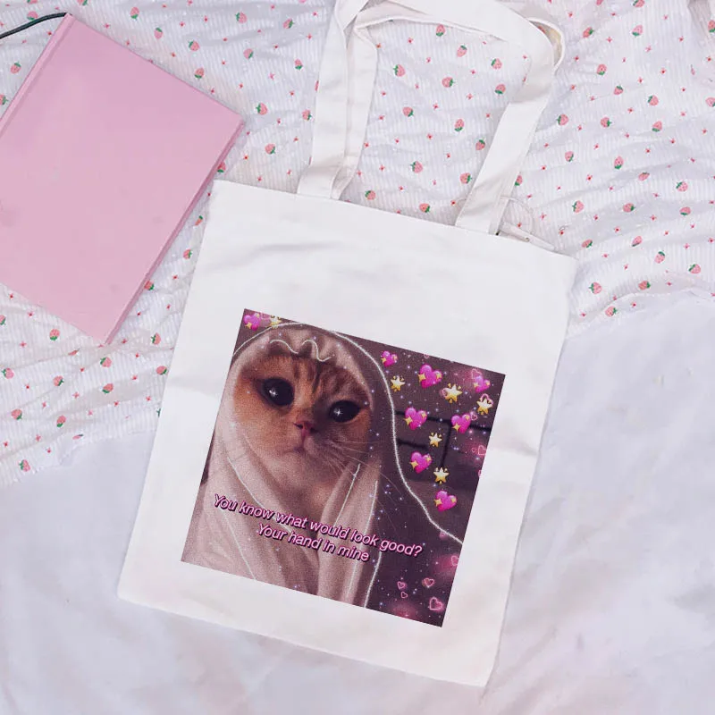 Cartoon Cat Vintage Harajuku Casual Female Canvas Chic Fun Cartoon Summer Ulzzang Shoulder Bags Large-capacity Handbags