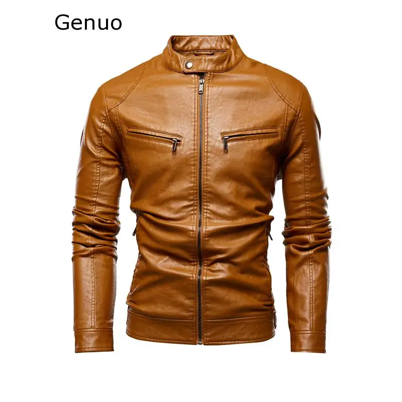 Men Autumn Motorcycle Causal Leather Jacket Coat Mens Outfit Fashion Biker Zipper PU Leather Jackets Man Slim Collar Overcoat