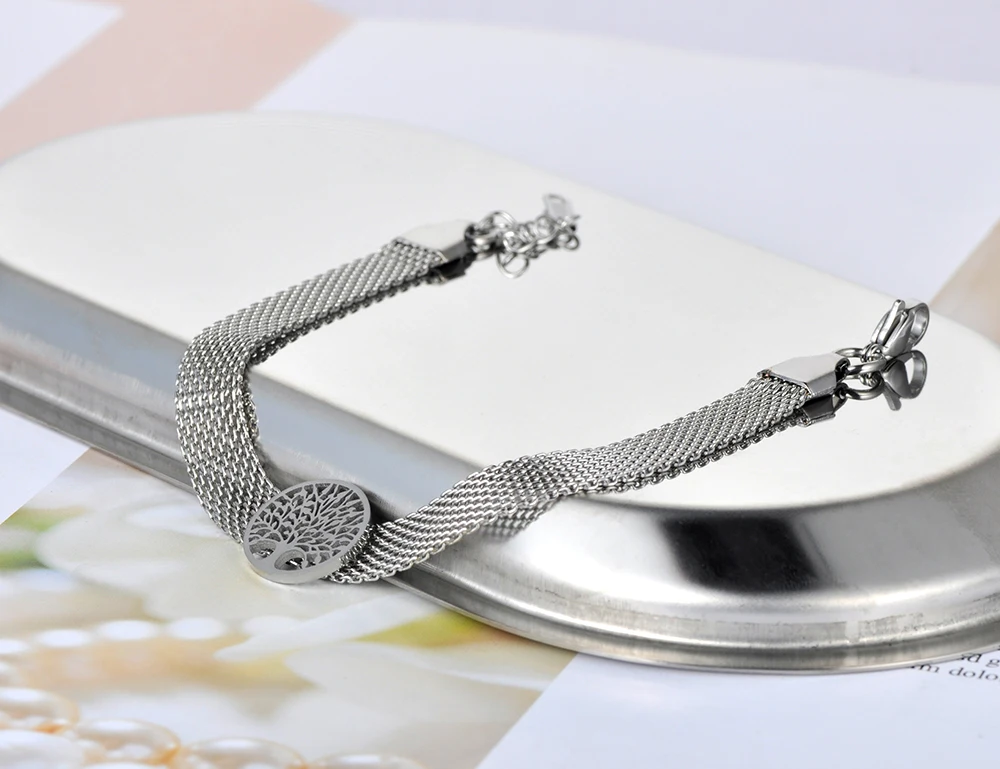 JeeMango Trendy Round Disc Tree Charm Armbänder Schmuck für Frauen Titan Edelstahl Netzwerkkettenarmband JB20028 – Detail 5