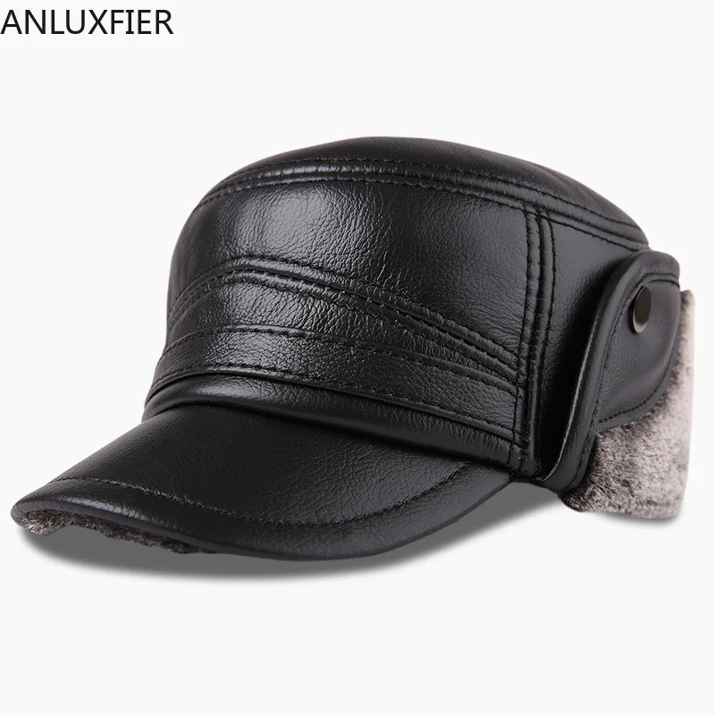 Men's Genuine Leather Hats Adult Winter Warm Baseball Cap Male Winter Warmth Cap Elder Outdoor Ear Protection Hats B-8813