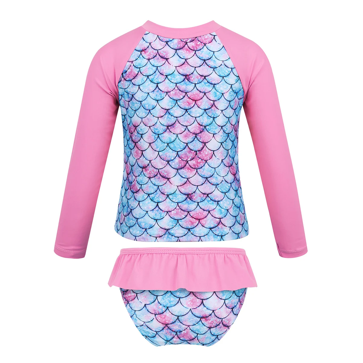 Little Girls Mermaid 2 Pcs Tankini Sets Long Sleeve Fishcales Rashguard Shirts with Ruffles Brief Bathing Suit Beach Swimwear