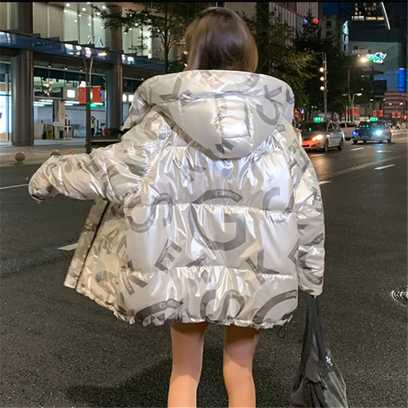 Streetwear Women Winter Jacket Big Pocket Fashion Letter Print Down Jackets Hooded Parka Loose Thick Warm Cotton Coat Female