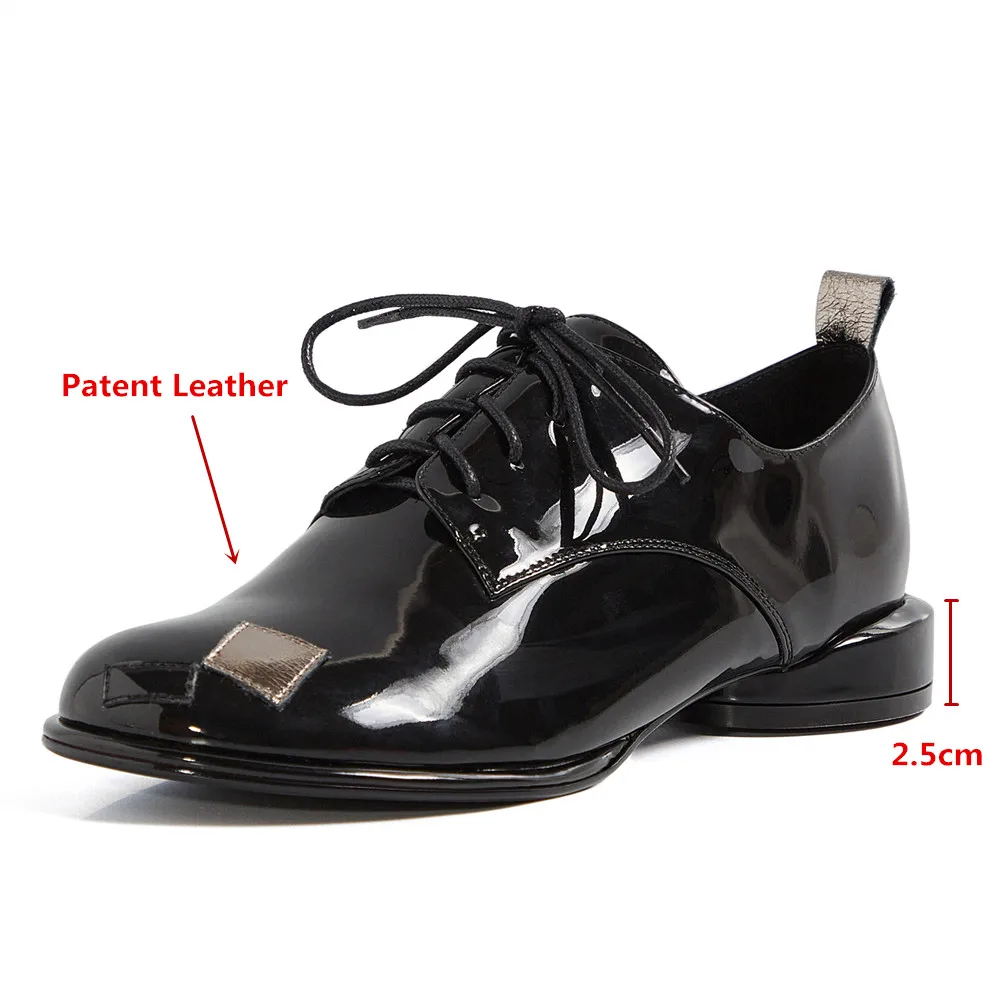 Orignice Fashion Mixed Color Women Patent Leather Pumps Round Toe Lace Up Low Thick Heels Plus Size 34-43 Handmade For Ladies