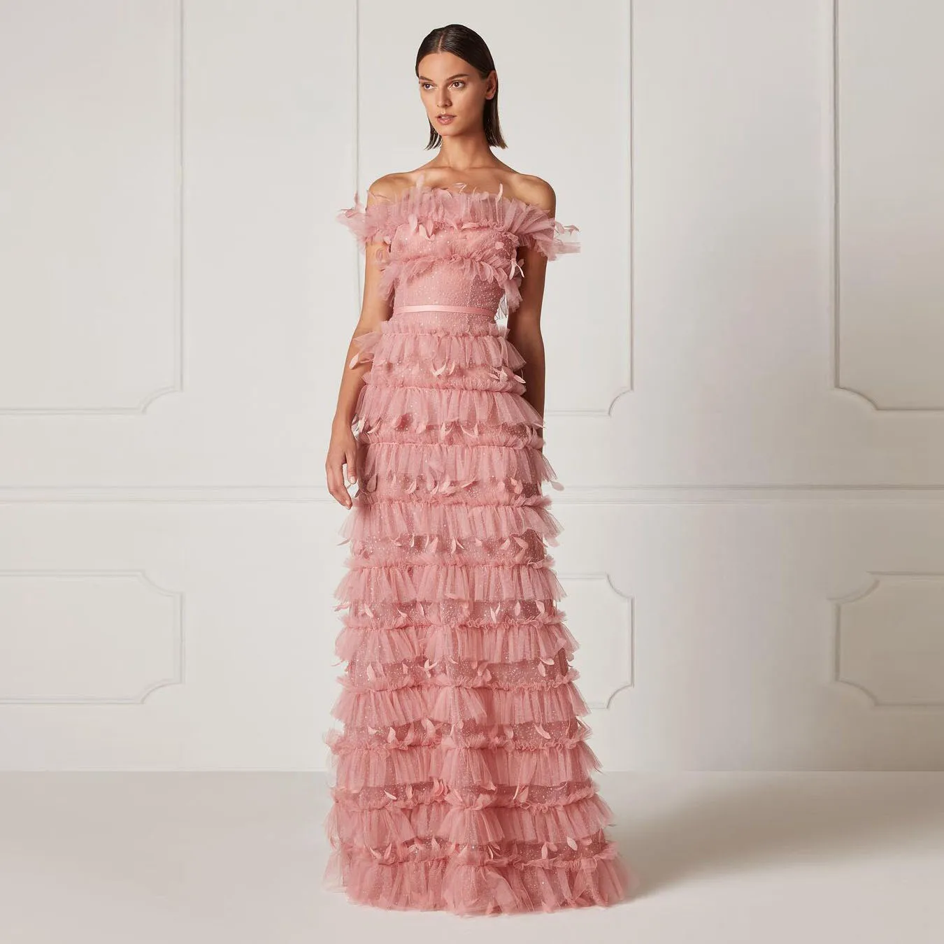 

Elegant Exquisite Pink A-line Women Dress Off-the-shoulder Tulle Ruffles Layered Feathers Floor Length Dresses