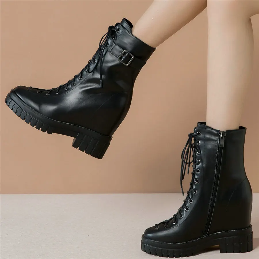 

Punk Goth Creepers Women Lace Up Genuine Leather Wedges High Heel Ankle Boots Female High Top Round Toe Pumps Shoes Casual Shoes