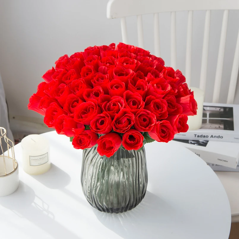 10 Stück rote Seidenrosen, Blumenstrauß, Vase, zur Dekoration von Wohnräumen, Gärten, für Feste, Hochzeiten, als Dekoration für Kränze, künstliche Pflanze, Großhandel, künstliche Blumen. – Detail 7