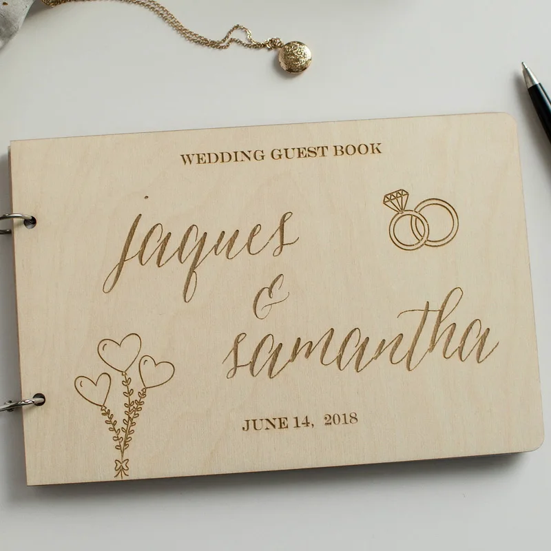 Custom Wooden Wedding Guest Book,Wedding Decorations,Personalized Engraved Heart Logo Name Date for Bridal Wedding Keepsak