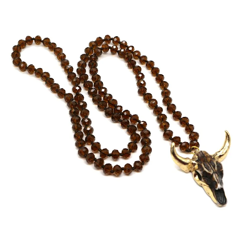 Bohemian Tribal Jewelry Long Knotted Handmade Paved Bull Head Pendant Necklace For Women Ethnic Beads Necklace Sweater Chain