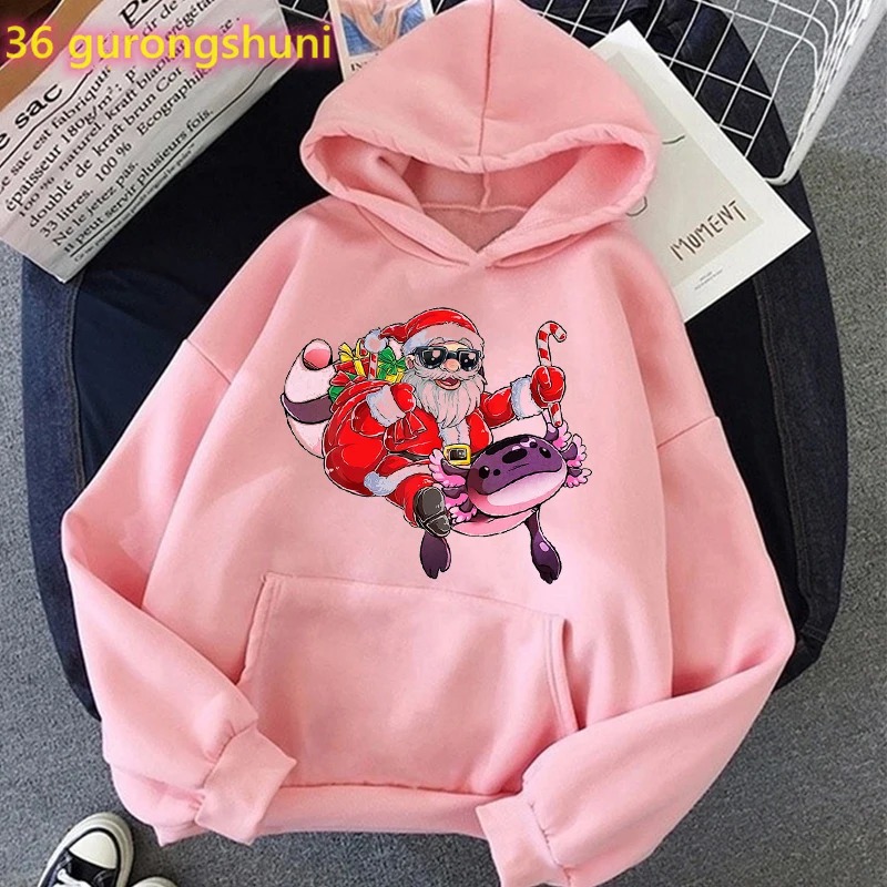 

Funny Axolotl Santa Claus Cartoon Print Hoodie Women Harajuku Kawaii Merry Christmas Sweatshirt Femme Winter/Spring/Autumn Coat