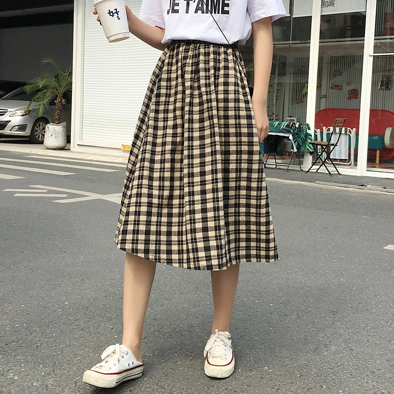 

Women's Vintage Oversized Medium Skirt Plaid High Waist Women A-Line Knee Length Skirts Spring Summer 2021