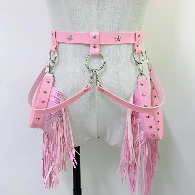 Pink Leather Harness Belt Chain Bra Bondage Garters Women Gothic Adjustable Long Tassels Waist Belt Suspenders