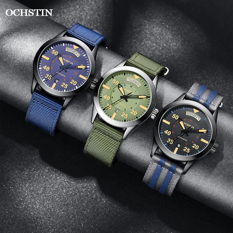 OCHSTIN New Top Brand Automatic Mechanical Watches for Men Military Nylon Strap Pilot Watch Male Auto Date Day Relogio Masculino