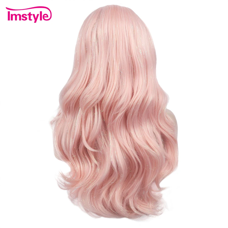 Imstyle Tinsel Wig Pink Synthetic Lace Front Wig Glitter Hair Party Wig For Women Heat Ressitant Fiber Long Lace Wigs