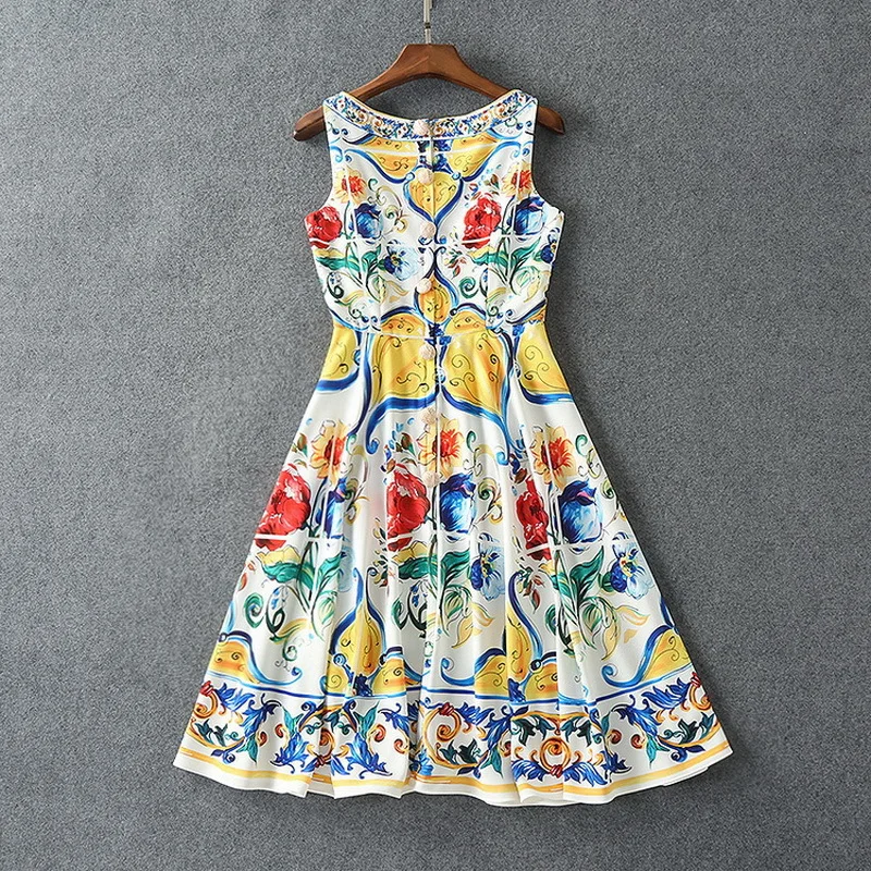 Luxury Designer Women\'s Midi Dress 2025 - Multicolor Floral Print Summer Dress for Beach  Vacation Elegant Sleeveless A-Line