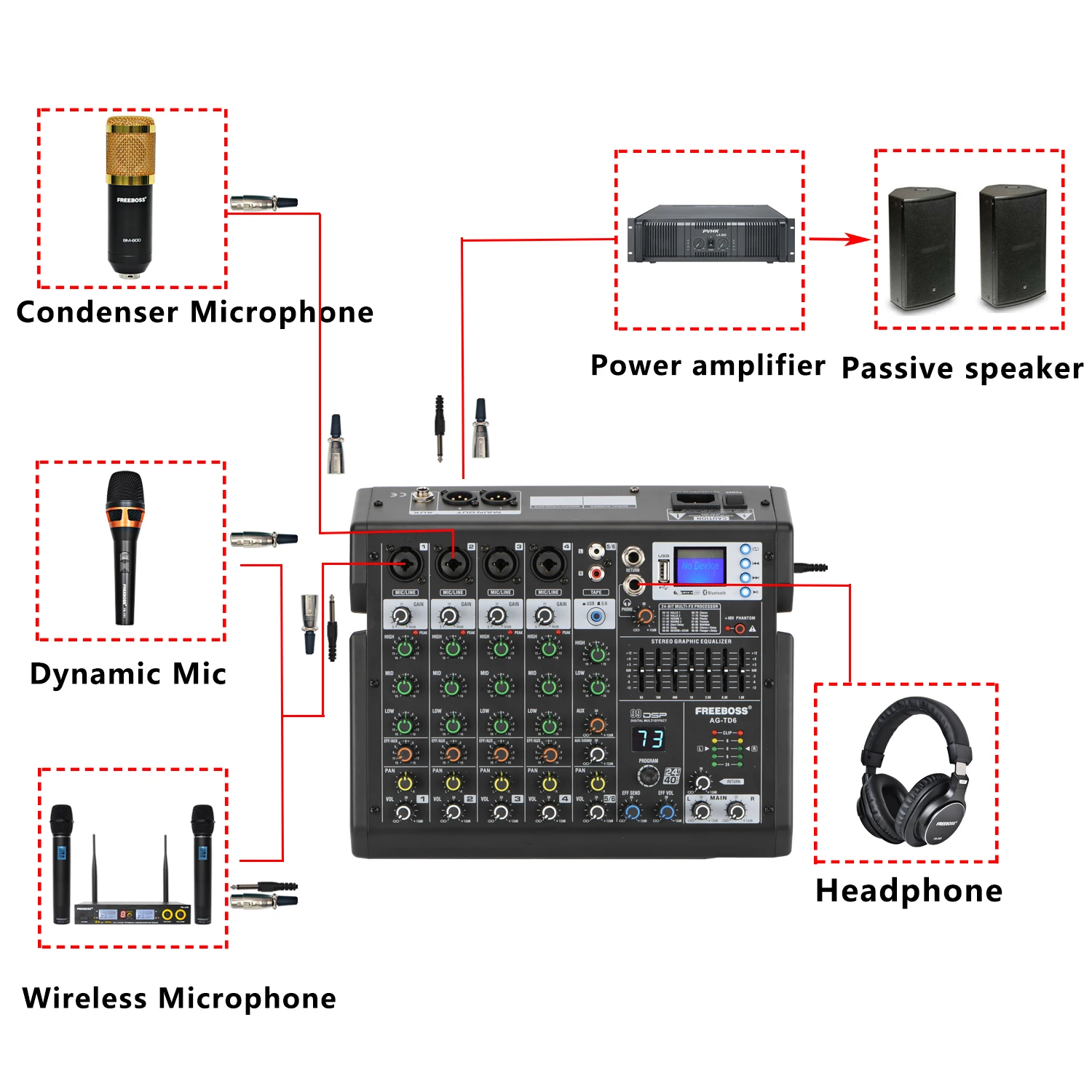 FREEBOSS Mixer a 6 canali Audio 7 Band EQ 99 effetti telecomando Bluetooth USB Play Record Studio Karaoke Mixing Console AG-TD6