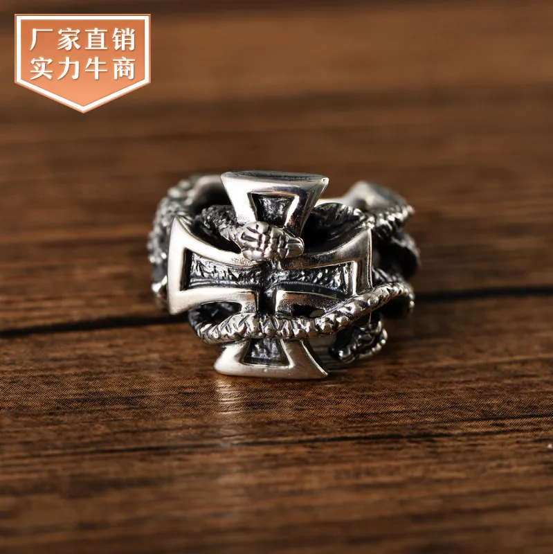 100% s925 sterling silver retro Thai silver European and American domineering thick men's python winding cross ring