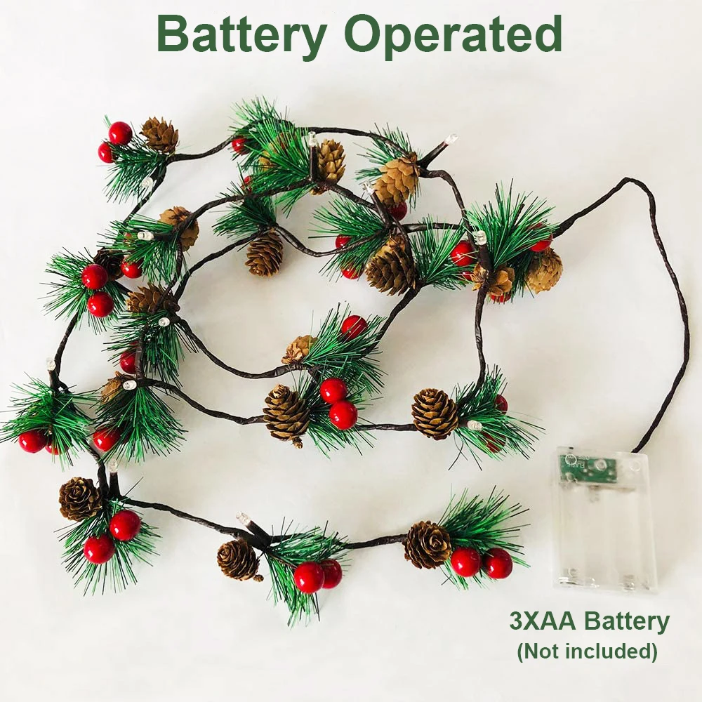 Battery Operated Pinecones Branch Garland String Lights Red Beads LED Fairy Lights 2M Christmas Tree Decoration Christmas Lights