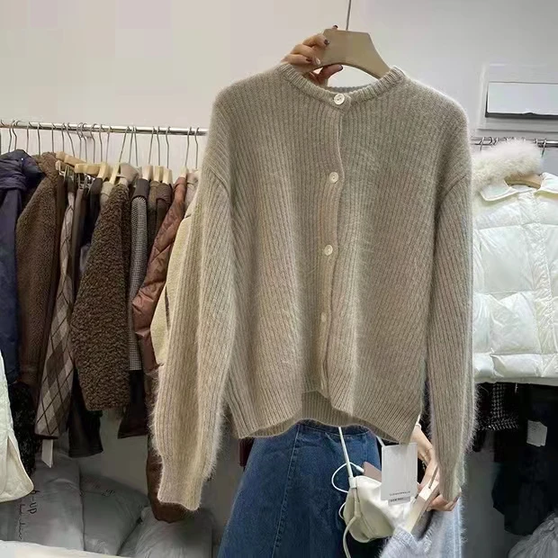 High Quality Women Single Breasted Mohair Knitted Cardigan 2021 New Autumn Winter Thick Soft Mink Cashmere Sweaters Tops