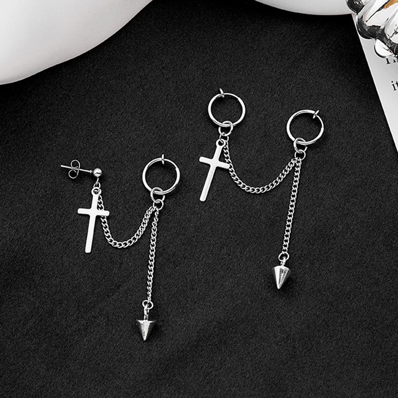 1 Piece Men/Women Stainless Steel Cross Pointed Cone Chain Tassel Earrings Integrated Ear Bone Clip Hip-hop Ear Stud Earrings