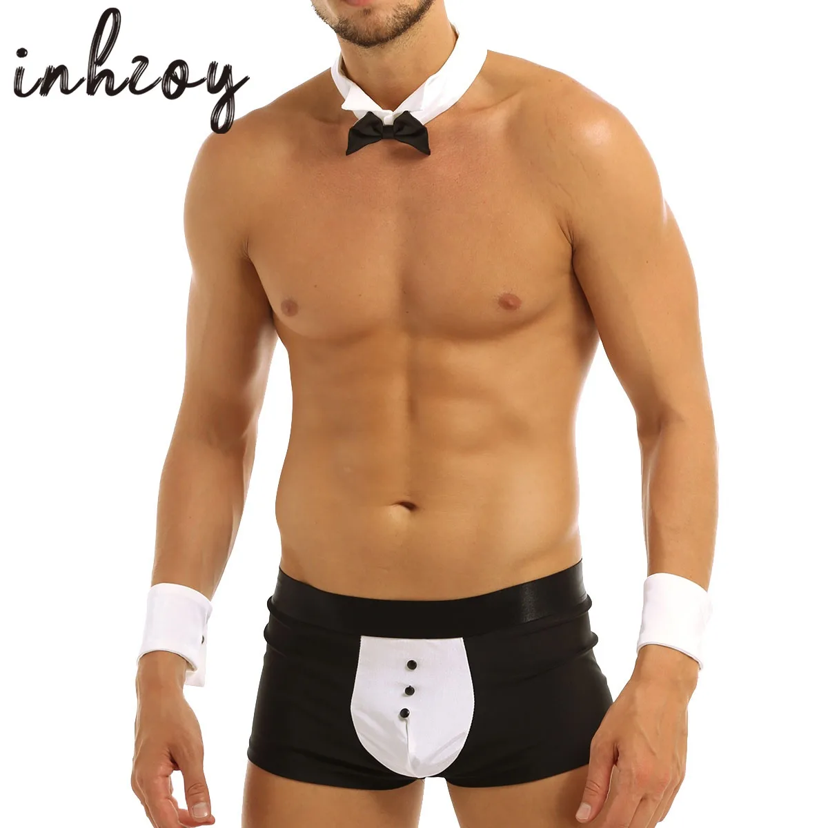 Sexy Men's Lingerie Set Tuxedo Cuff Thong G-String Fancy Dress Costume Underwear Waiters Role Play Gay Men Dancer Costume