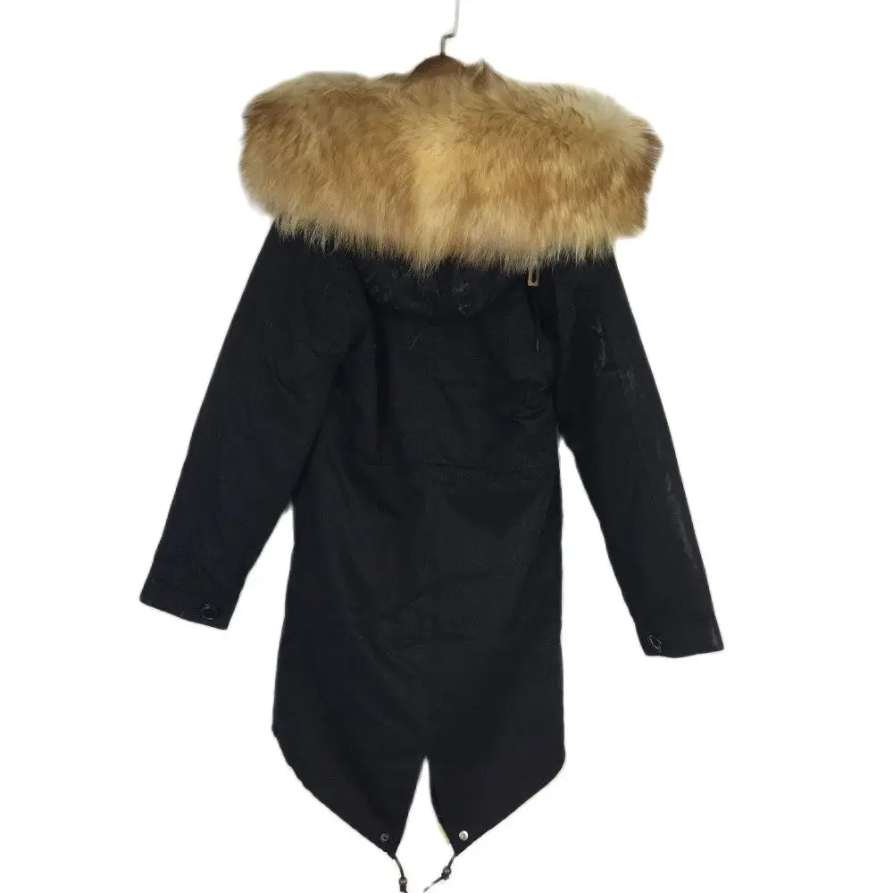 Mhnkro Natural Mink Fur Lined Winter Fashionable Long Black Shell Big Collar Real Fur Lined