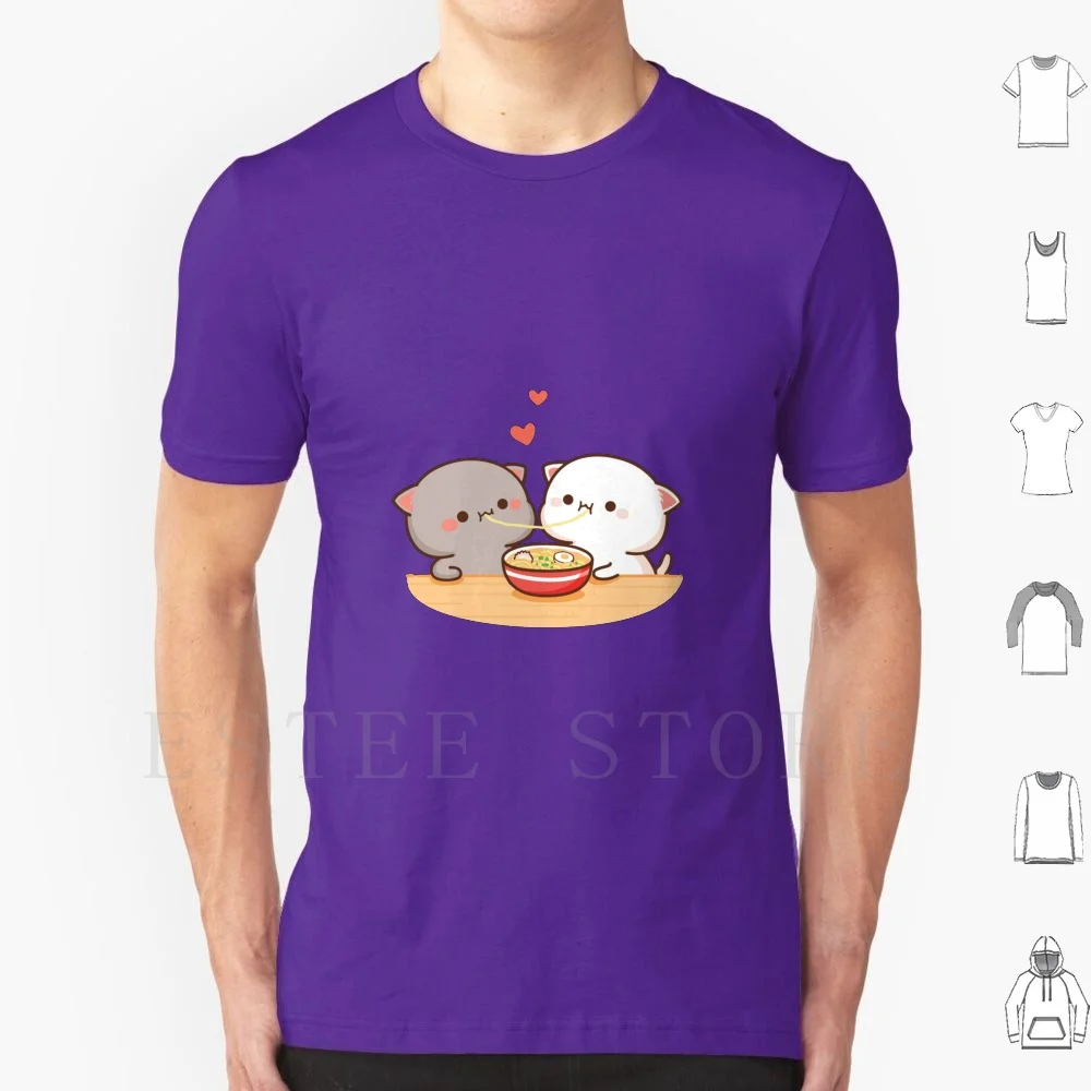Camiseta con estampado de Peach y Goma Mochi Cat comiendo ramen, de algodón, Peach Cat Goma Mochi Cat Kitty, lindo, romántico, Kawaii, para novio