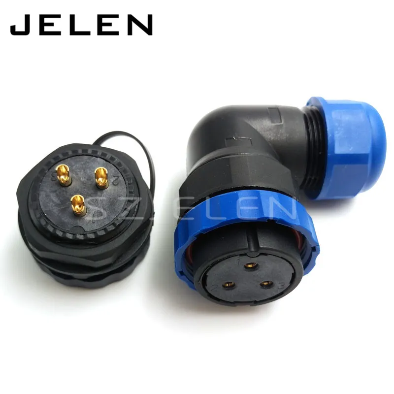 SD28 3 pin 90 degree elbow Waterproof  connector M28 rated current 45A, IP67  Waterproof Male Female Plug and socket