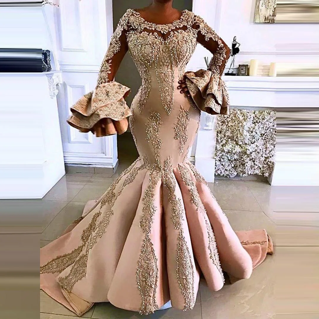 Afrikaanse Avondjurken Lange Mouwen Tiered Applique Lace Kralen Pailletten Plus Size Prom Dress Mermaid Aso Ebi Dubai Vestidos