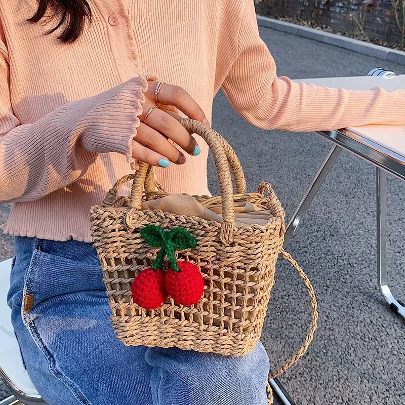 Net Red Woven Bag Female 2021 Summer New Holiday Beach Messenger Small Fresh Cherry One-Shoulder Messenger Handbag