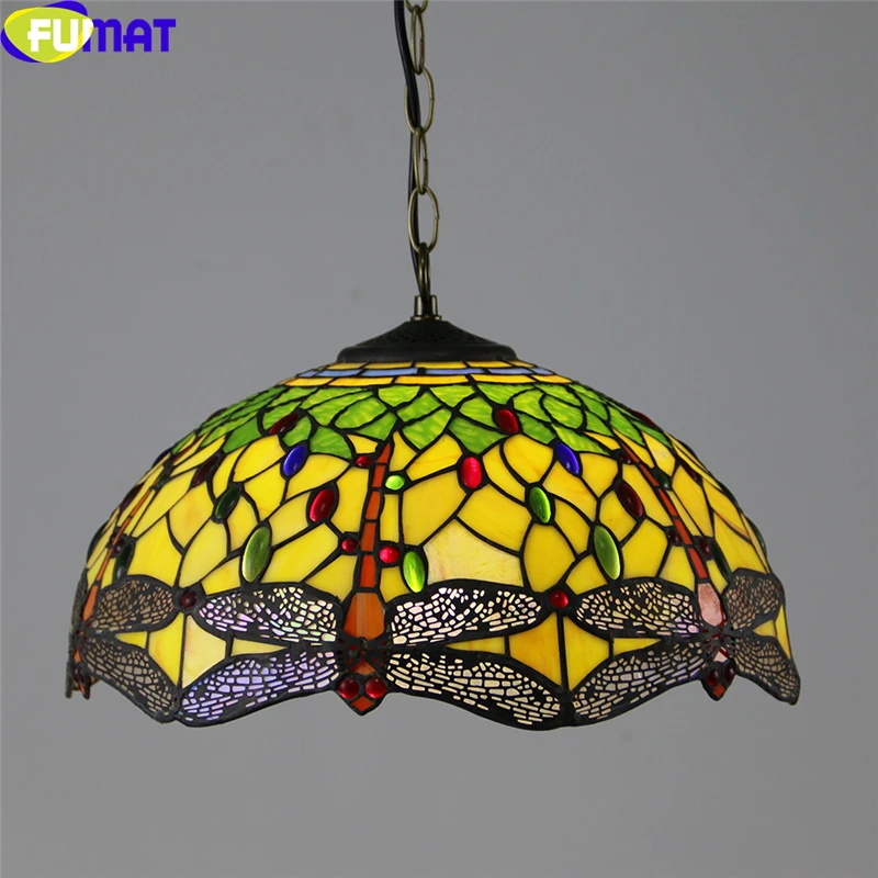 FUMAT Tiffany Antique Style Dragonfly Rose Cow Pendant Lamp Stained Glass Hanging Light Fixture Colorful Handcraft Home Art Deco