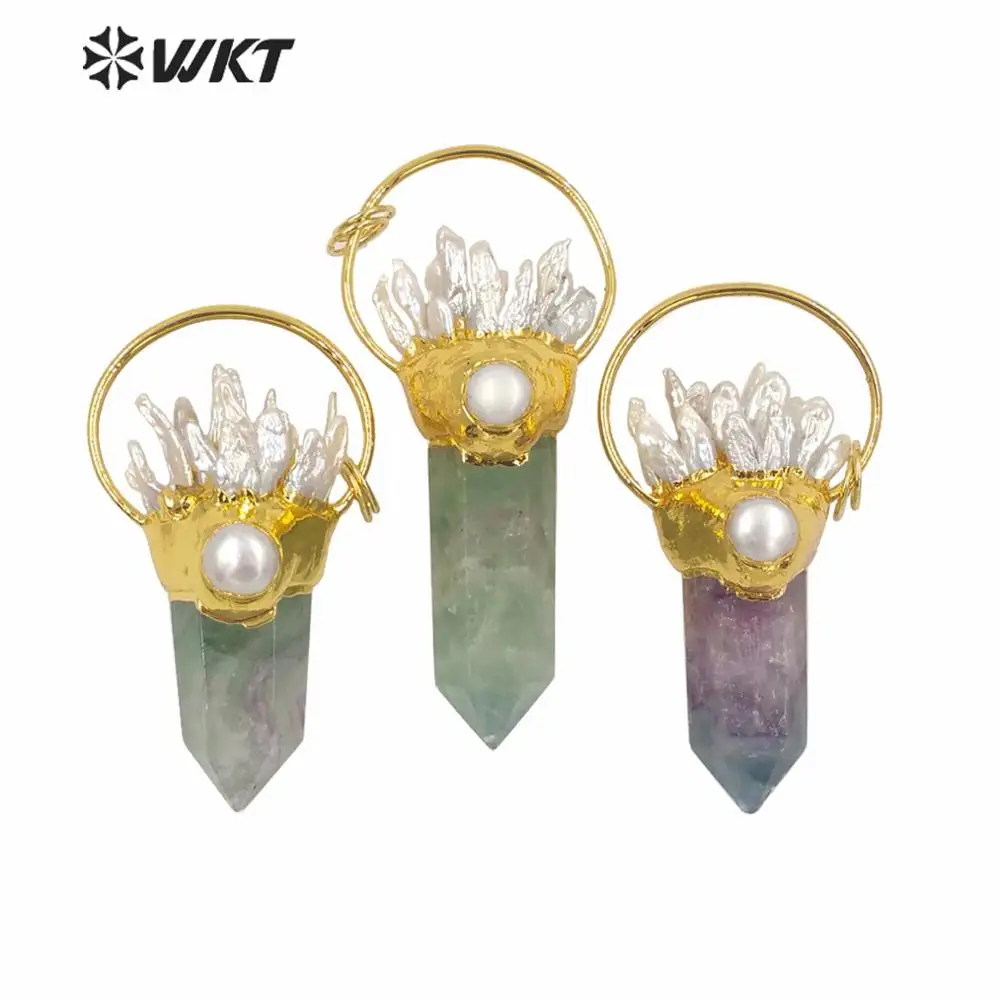 WT-P1583 WKT Special Natural Rainbow Spirit Quartz Point Pendant Pearl Energy Point Fluorite Necklace Pendant