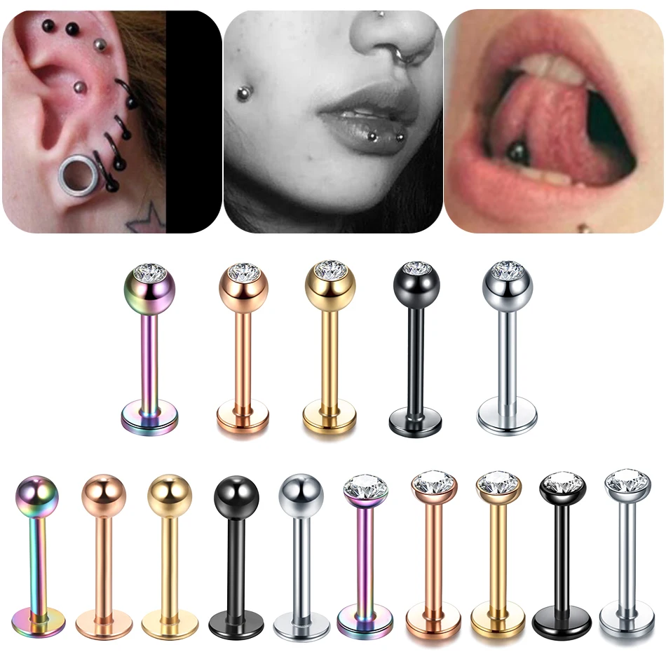 1PC Steel Gem Labret Piercings 16G Lip Ring Crystal Lip Helix Piercing Tragus Earring CZ Cartilage Stud Body Piercings Jewelry