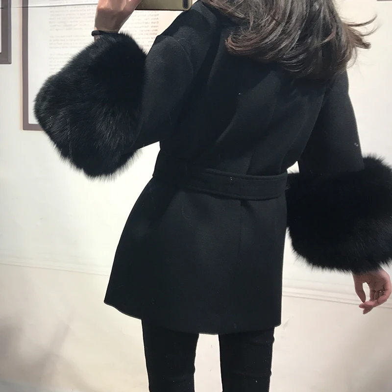 Genuine Fox Fur Women High Quality Double Faced Wool Cashmere Coat Irregular Sleeve Black Color 2019 Female Winter Woolen Coat