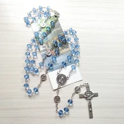 QIGO The Rosaries Blue Crystal Beads Vintage Jesus Cross Pendant Rosary Necklace Saint Benedict Catholic Jewelry