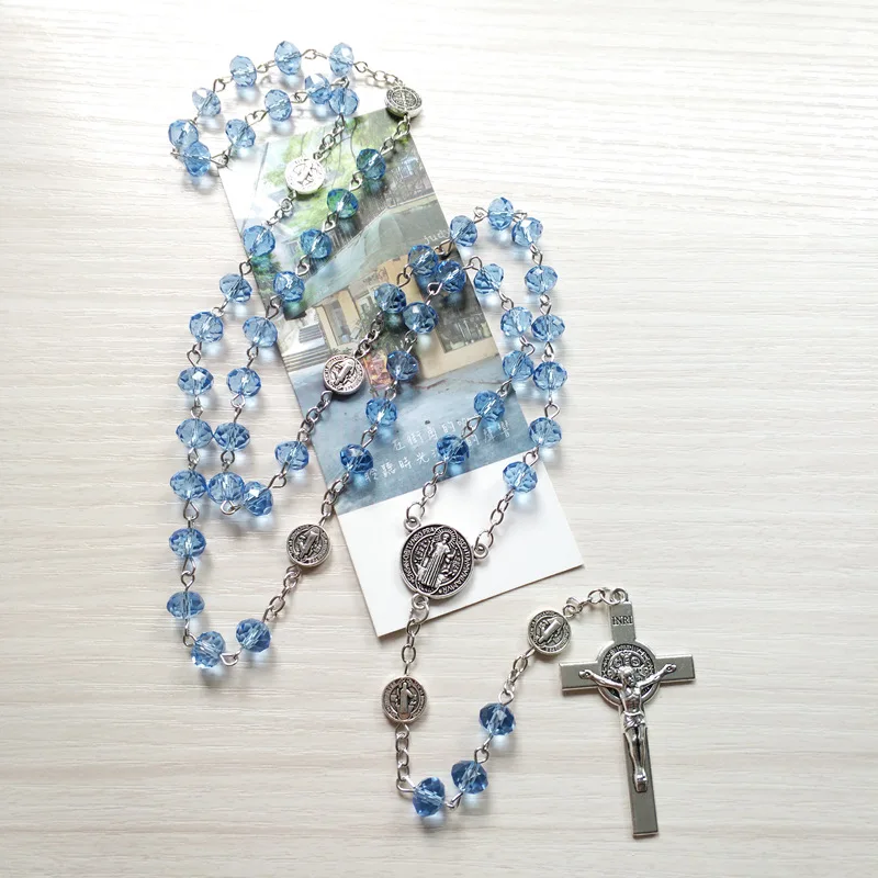 QIGO The Rosaries Blue Crystal Beads Vintage Jesus Cross Pendant Rosary Necklace Saint Benedict Catholic Jewelry