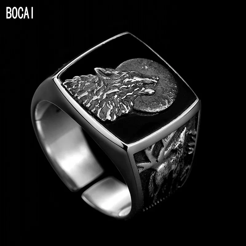 

BOCAI New 100% s925 silver jewelry fashion personality wolf head domineering single Ring simple retro Man ring