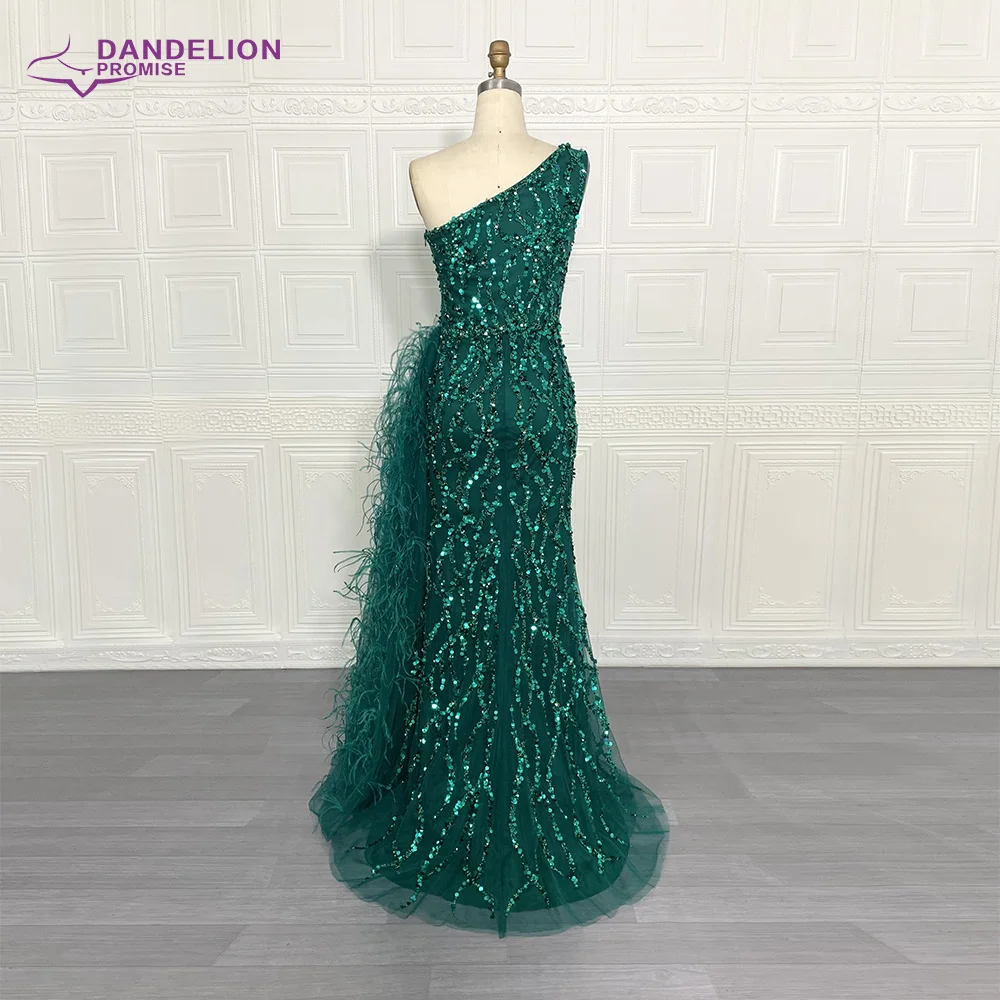 Vestido de noche elegante con abertura de un hombro para mujer, vestidos de fiesta formales con lentejuelas, plumas hechas a mano, abertura de tul con cuentas, Dubai, 2021