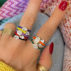 Geometric CZ Engagement Ring For Women Colorful Enamel Band Stacking Finger Jewelry