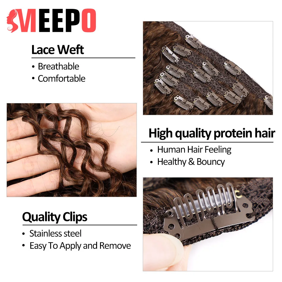 Meepo-extensiones de cabello con Clips largos, pelo Natural sintético, cabeza completa, rizado, marrón oscuro, 26 pulgadas, 140g, para mujeres negras