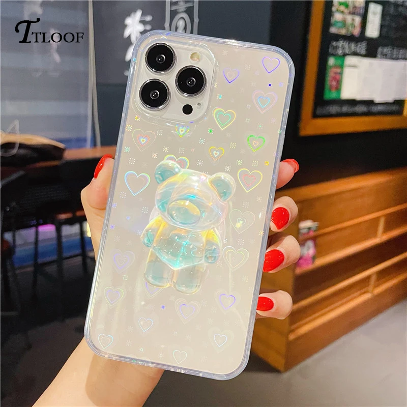 Korea Cartoon Bear Laser Heart Transparent Case For iphone 14 13 11 12 Pro Max Mini X XR XS 7 8 Plus SE 2020 Stand Holder Cover