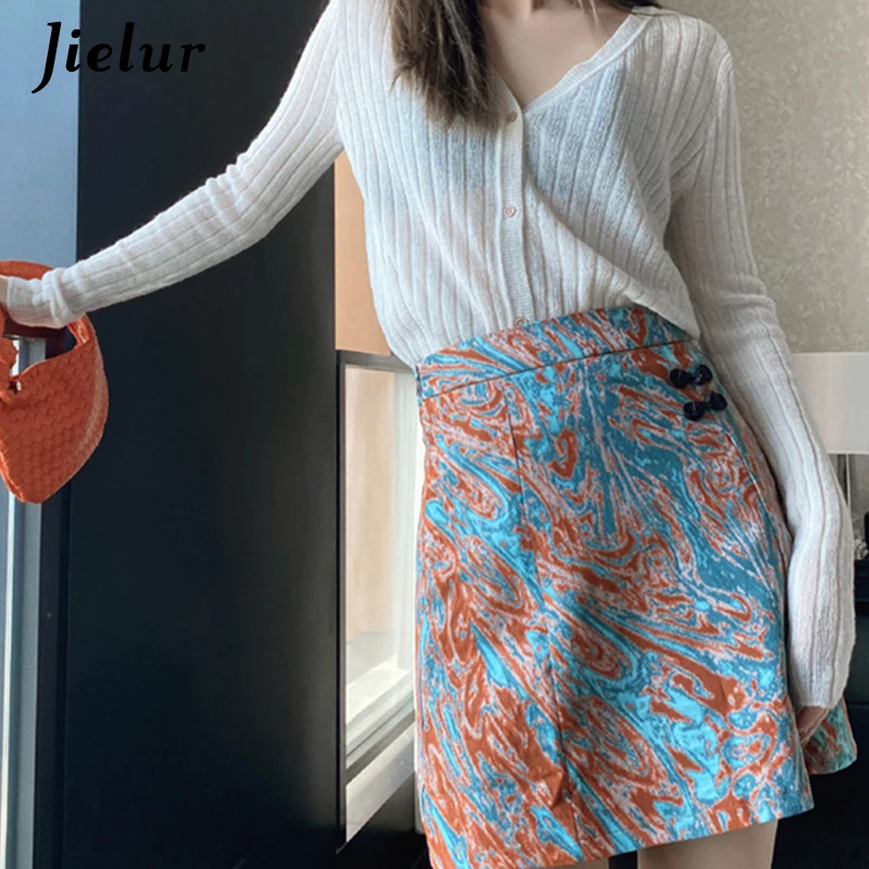 Jielur Retro Printing Button Skirts Female Summer 2021 New High Waist Thin Skirts A-line Orange Mini Skirts for Womens S-L