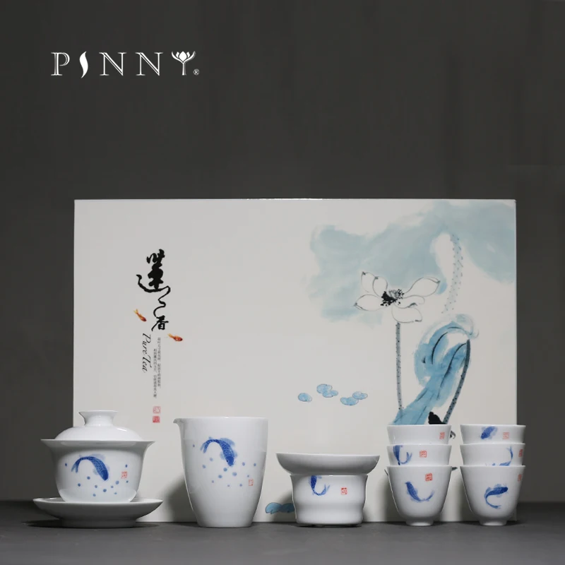 

PINNY Hand Painted Carp White Porcelain Tea Set Pigmented Ceramic Teaware Sets Chinese Kung Fu Gaiwan Set Of Cups