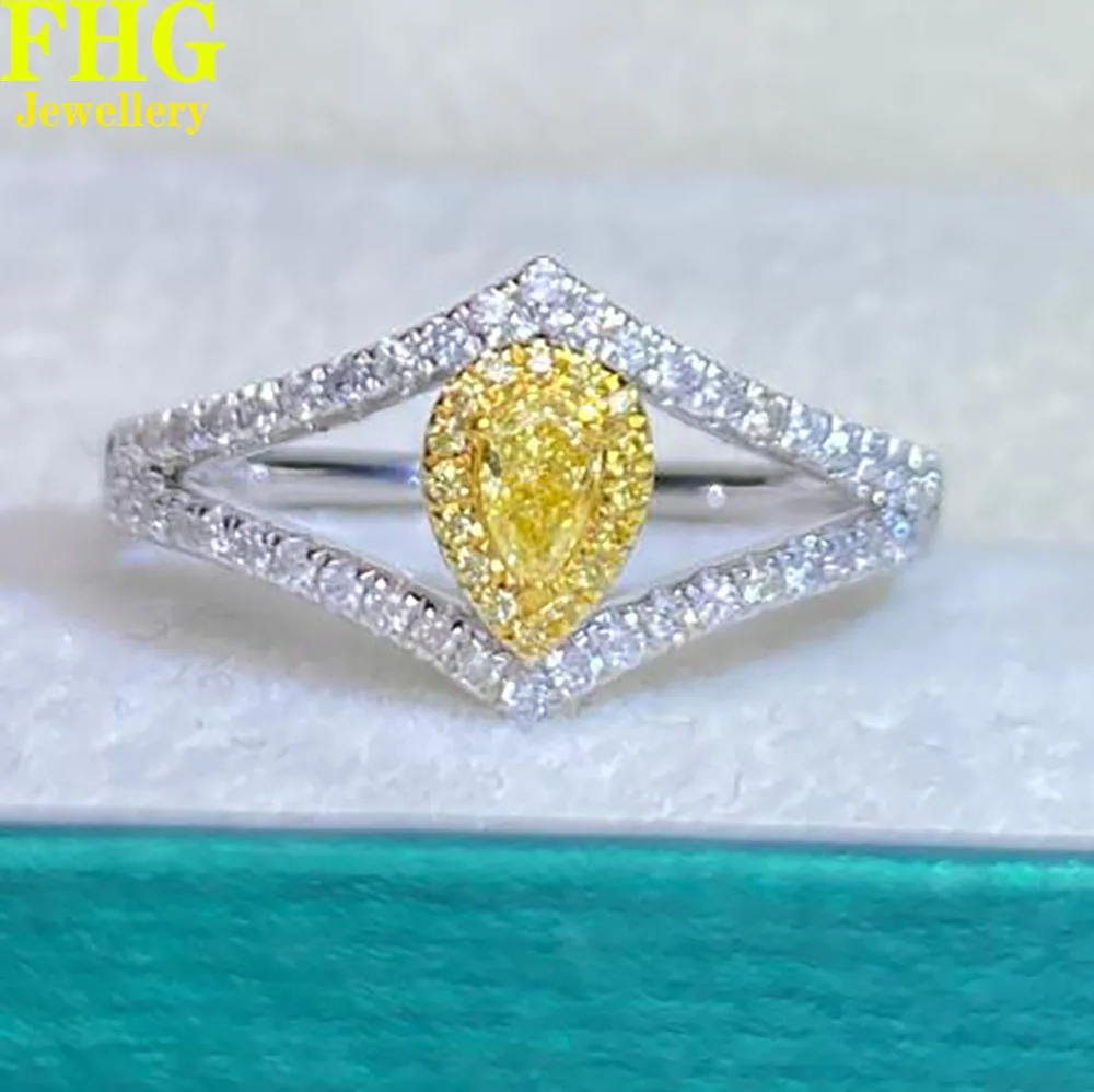 18K Au750 White Gold Ring Nature Yellow Diamond pear shape 0.15Carat Round 0.3Carat Wedding Party Engagement Anniversary Ring T