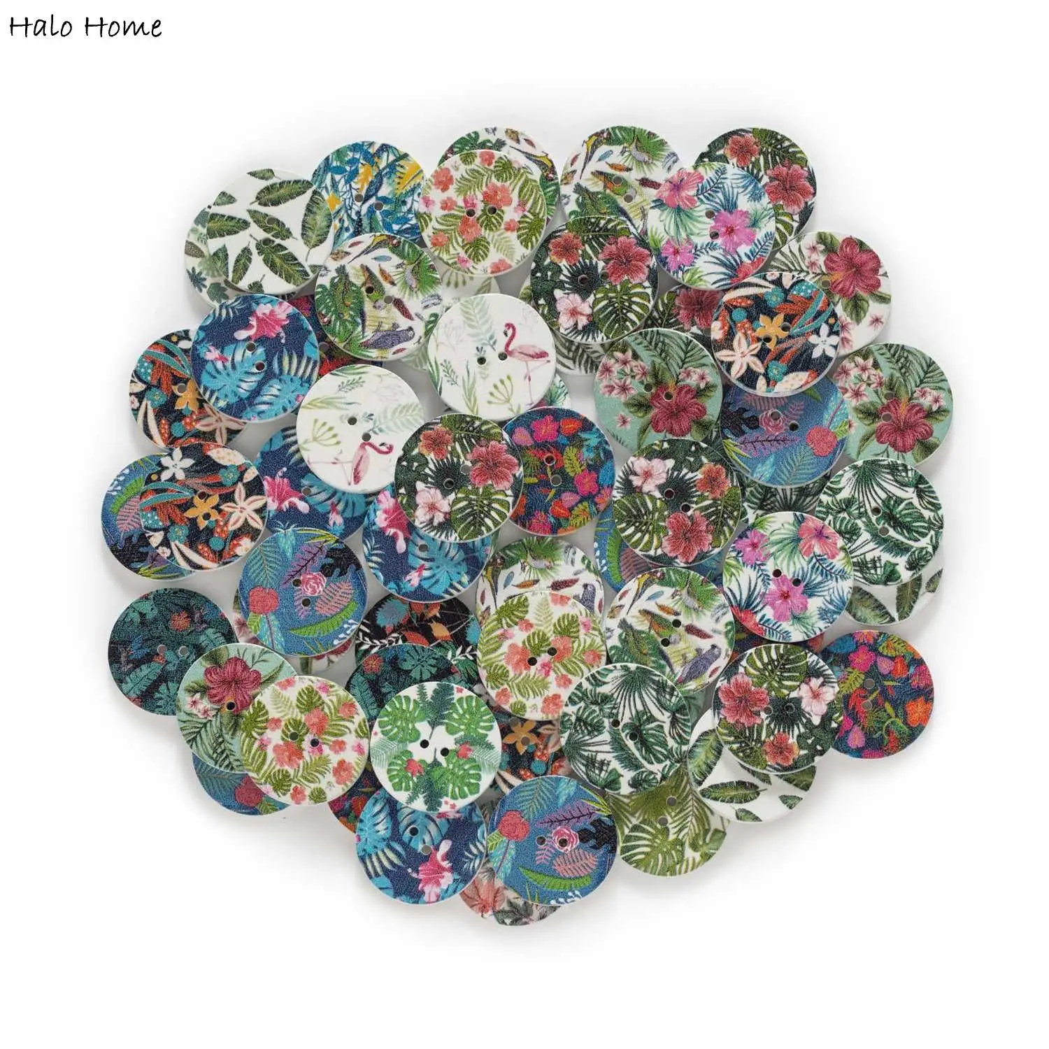 50pcs Round Flower Plant Printing Theme Wooden Button Handwork Sewing Scrapbooking Clothing Crafts Gift Card DIY 15-25mm