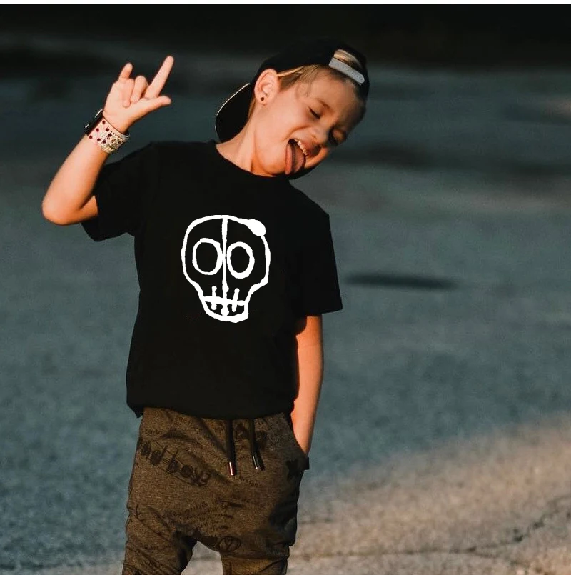 2024 Summer Children\'s T-Shirt Fashion 100% Cotton Boy T Shirt Girl Cartoon Skull Print Girl T-Shirt Top Boy Clothes 2-10Y